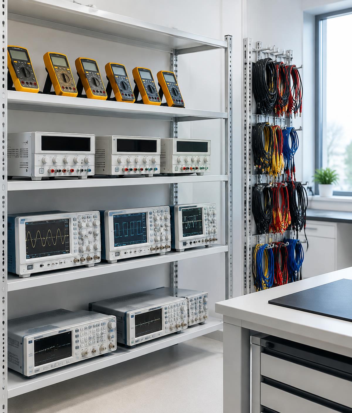 Organised laboratory shelves with multimeters, bench power supplies and oscilloscopes