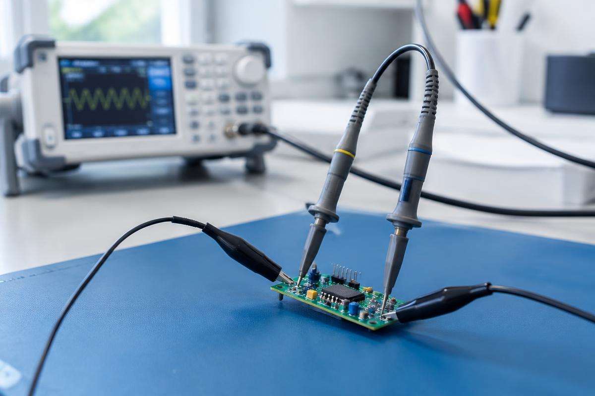 Oscilloscope probes clipped to a small circuit board with a function generator behind