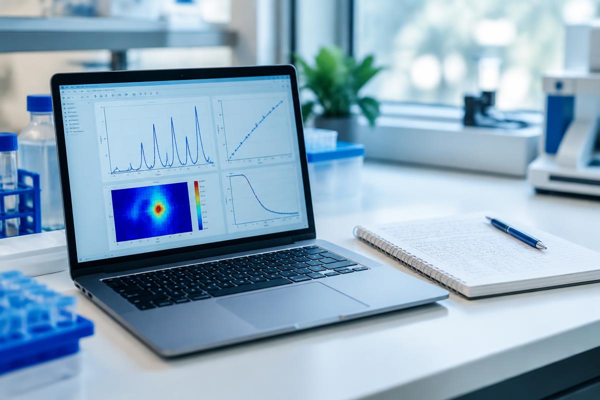 Laptop on a lab desk showing measurement data plots
