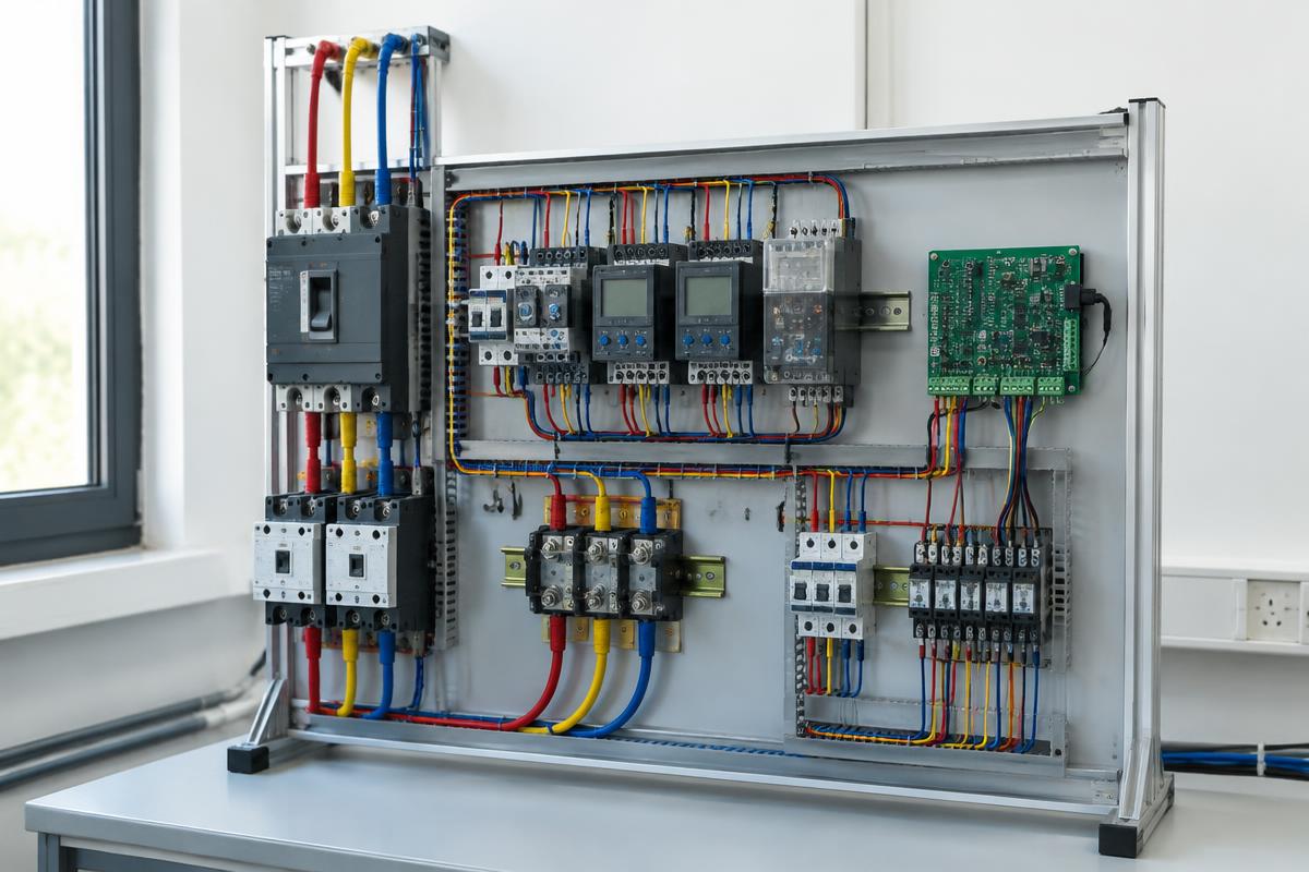Three-phase protection training panel with relays, breakers and a microcontroller board