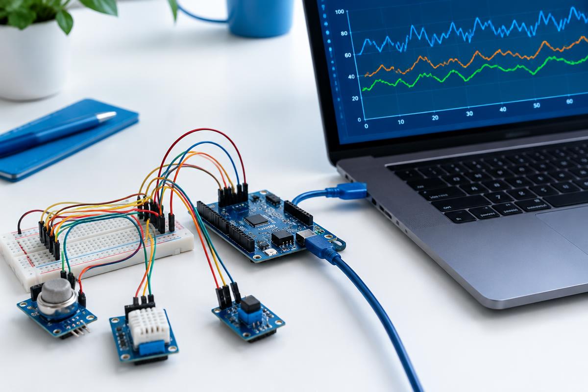 Sensor modules wired to a breadboard and acquisition board connected to a laptop